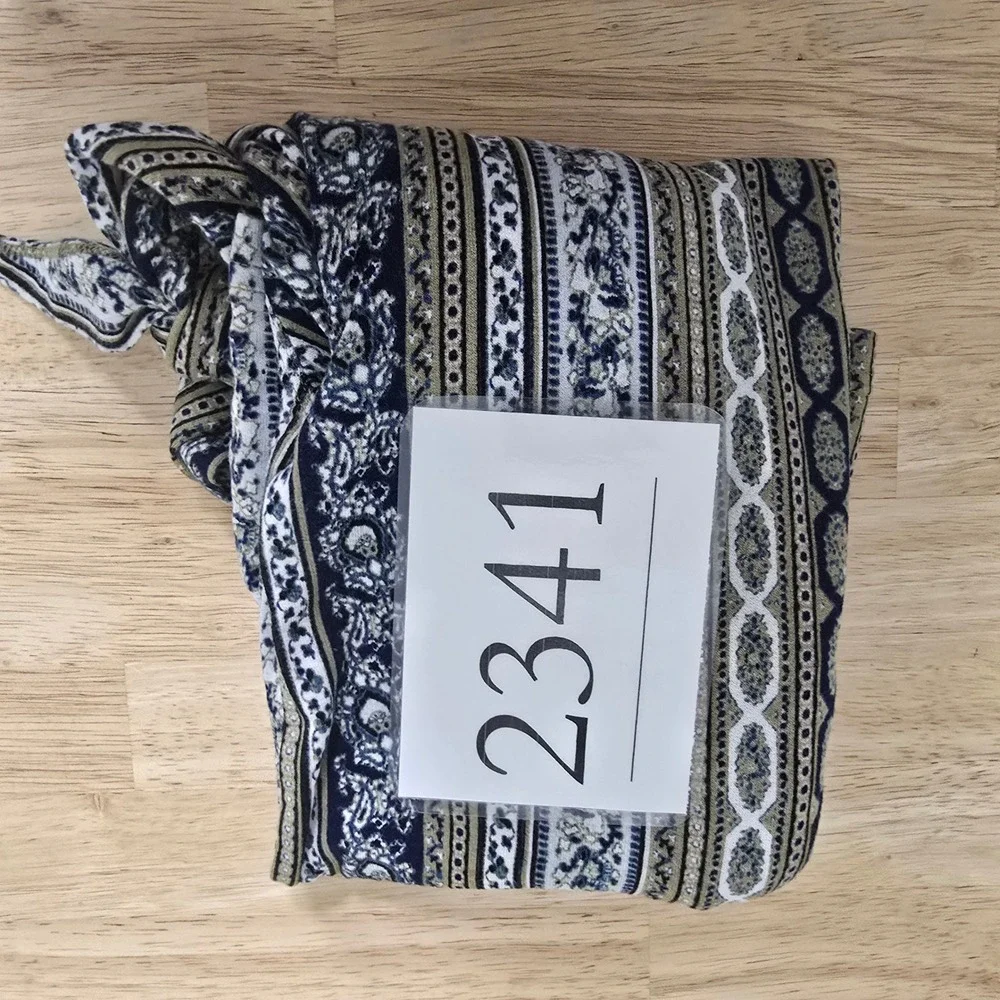 Free People Womens Blue‎ Olive Paisley Stripe Mock Neck Tie Cuff Top Small